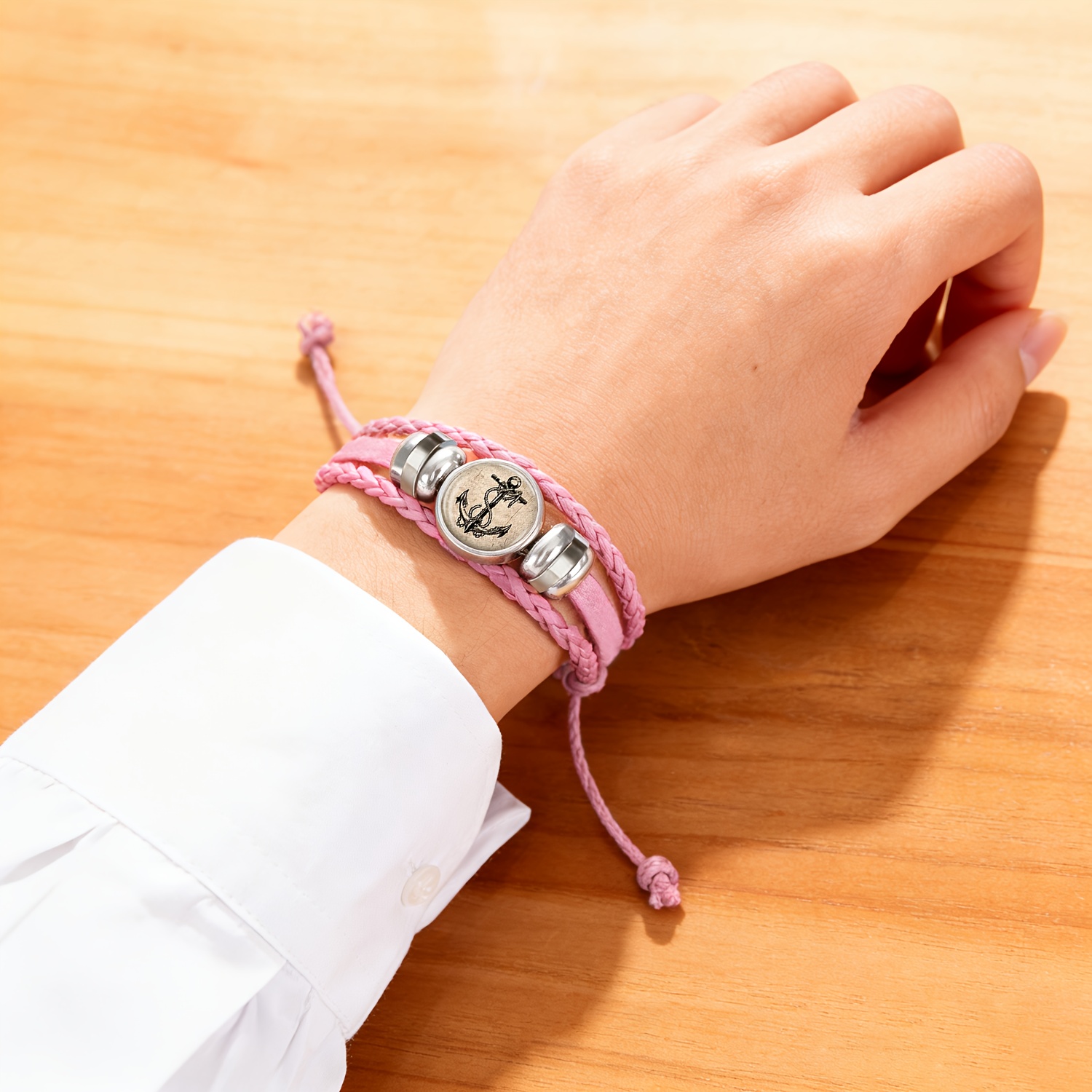 Pink Rope Bracelet with Black Anchor Design, Fresh & Cute